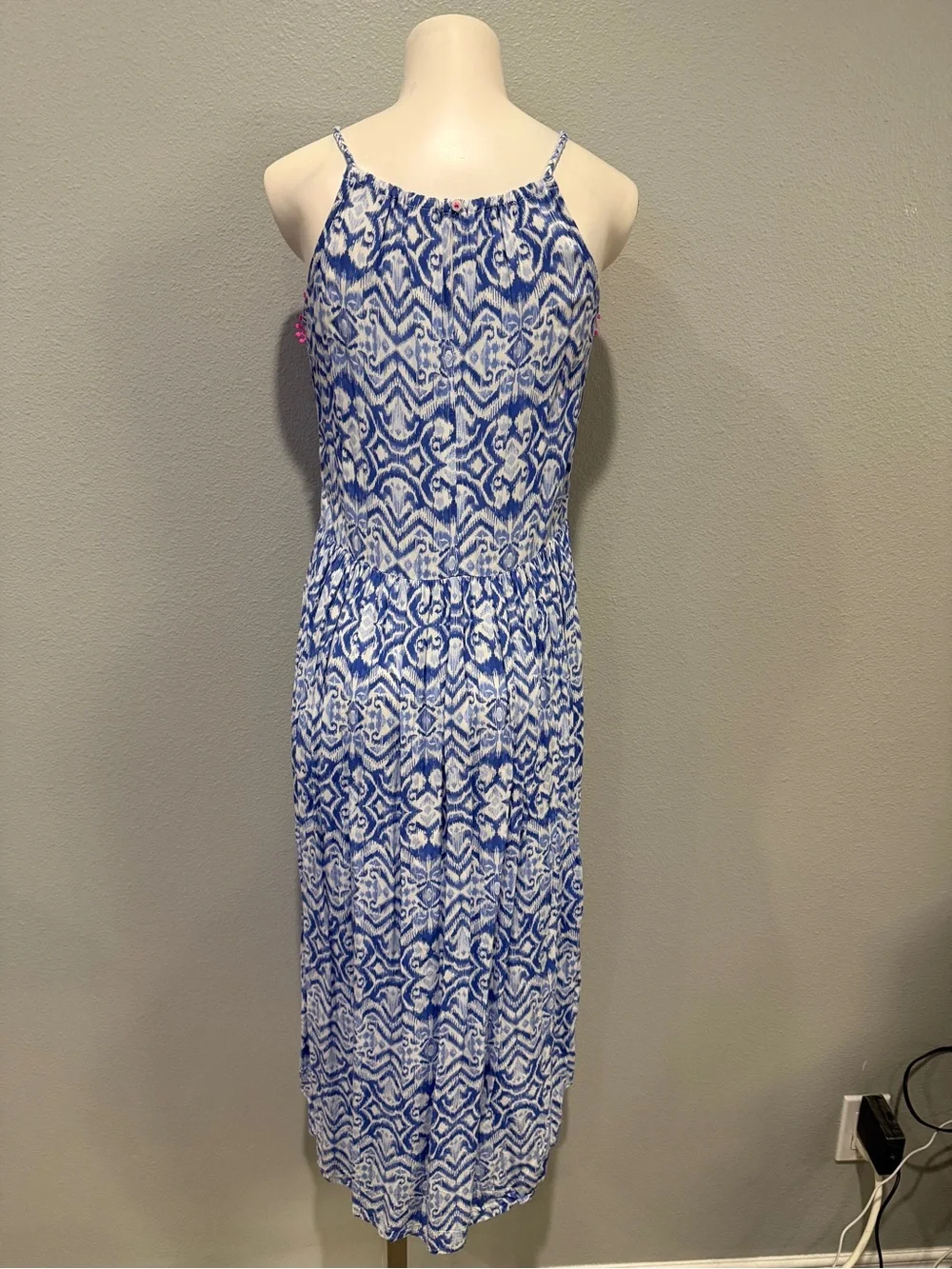 OshKosh B'gosh Blue and Pink Ikat Maxi Dress with Pom Trim